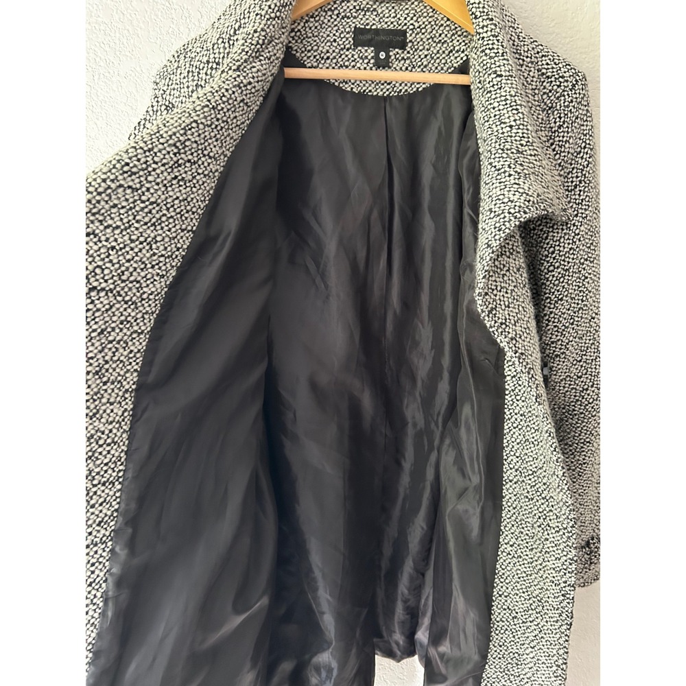 Worthington Womens 1X Black White Boucle Funnel Neck Belted Trench Coat Jacket - Picture 4 of 15